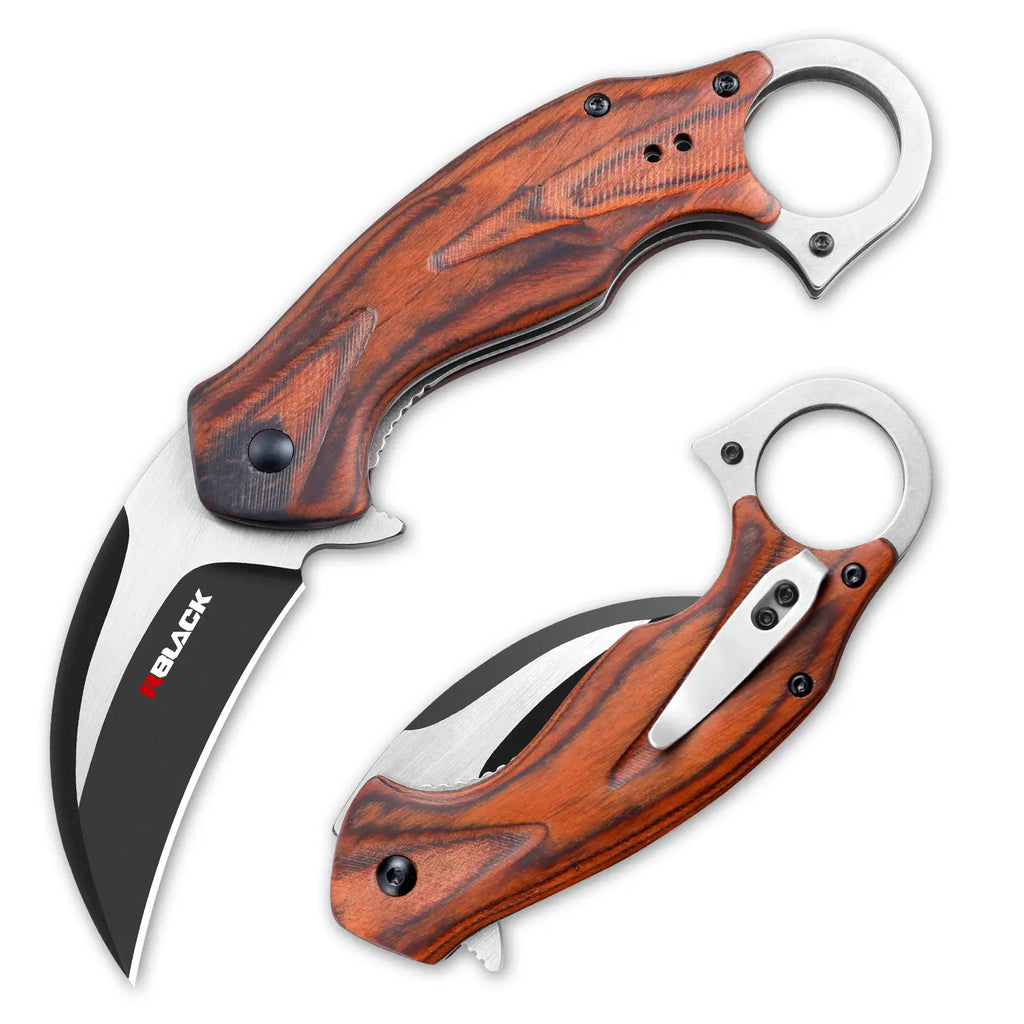 Karambit Folding Knife with Black Stainless Steel Blade and Wooden Handle