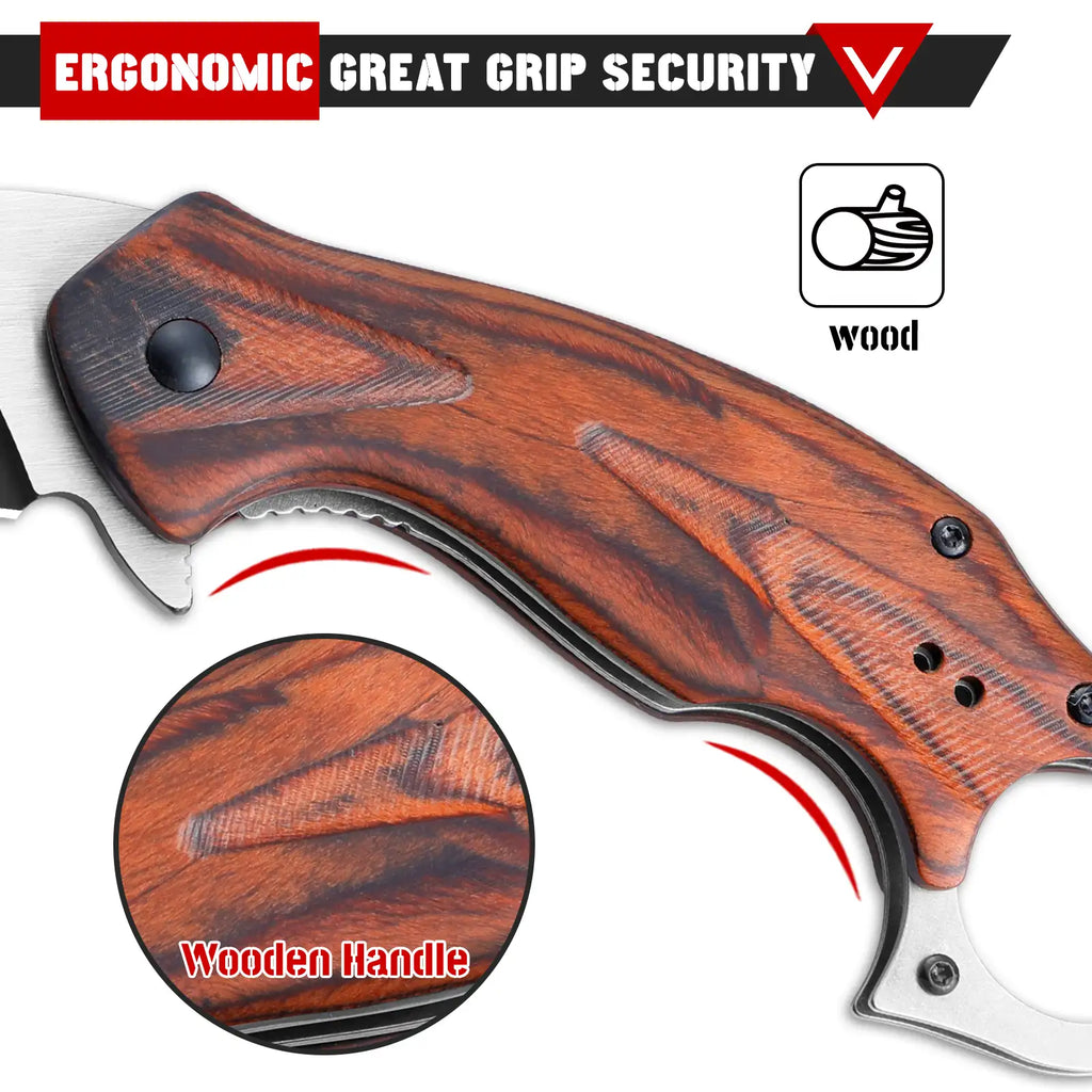 Karambit Folding Knife with Black Stainless Steel Blade and Wooden Handle