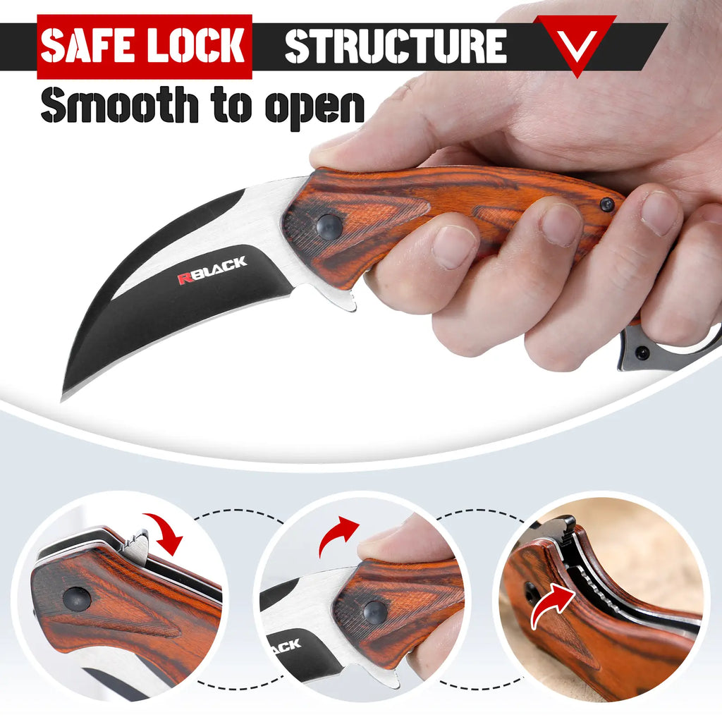 Karambit Folding Knife with Black Stainless Steel Blade and Wooden Handle