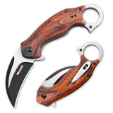 Karambit Folding Knife with Black Stainless Steel Blade and Wooden Handle
